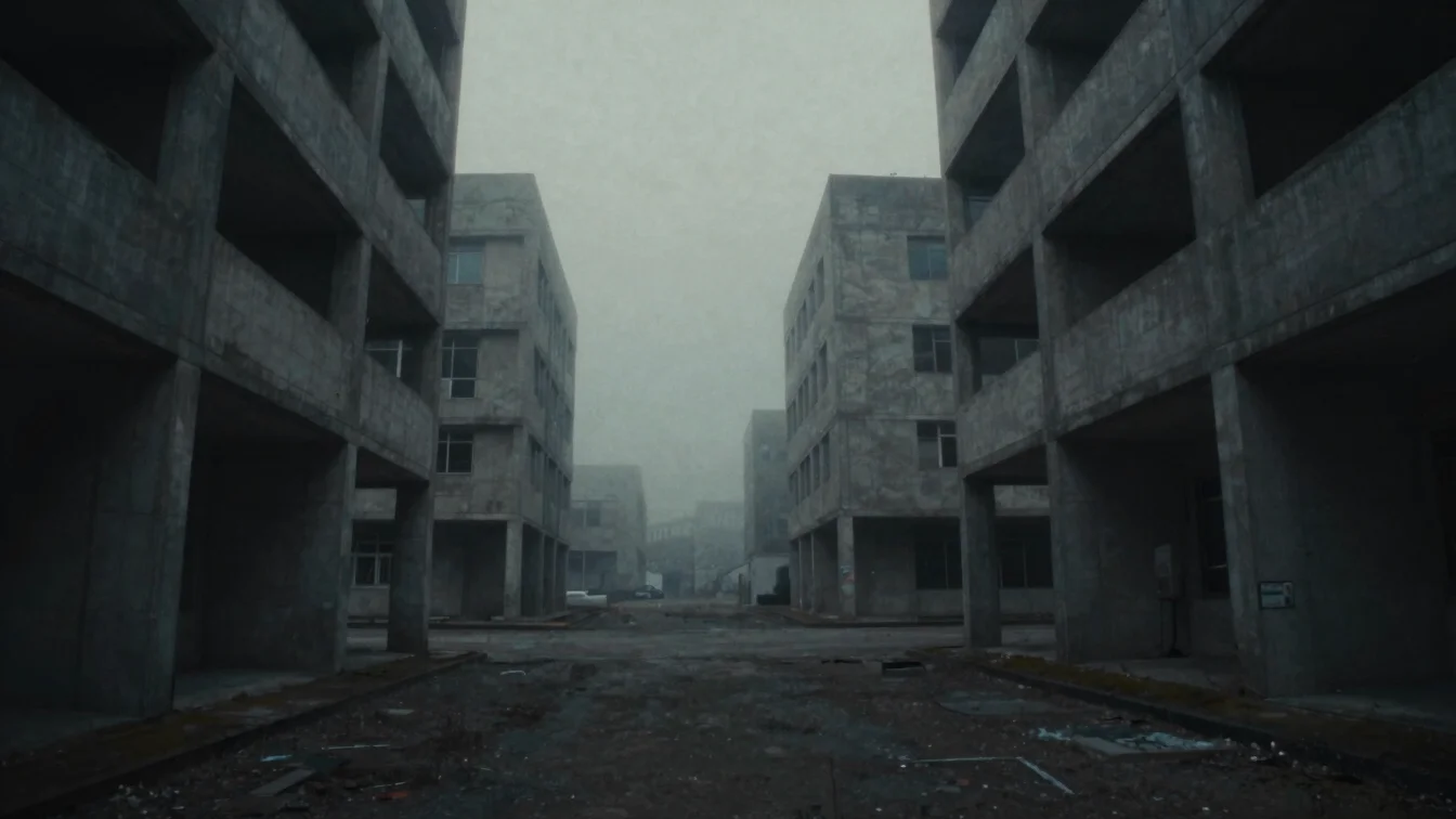 Cinematic wide atmospheric shot of desolate urban architecture, fog-shrouded concrete buildings, low-key overcast lighti