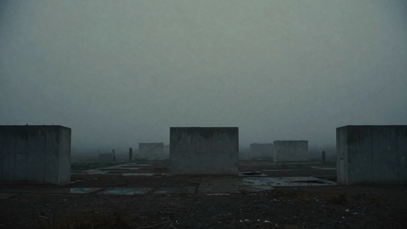 Stark minimalist center frame of fog-shrouded concrete ruins, moody industrial horizon, low-key ambient lighting, heavy