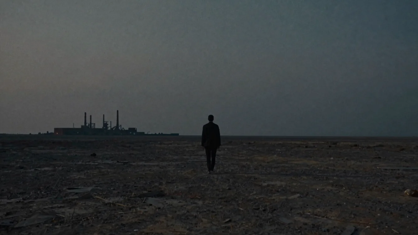Cinematic wide atmospheric shot of a silhouetted solitary figure walking across a desolate wasteland, moody industrial h